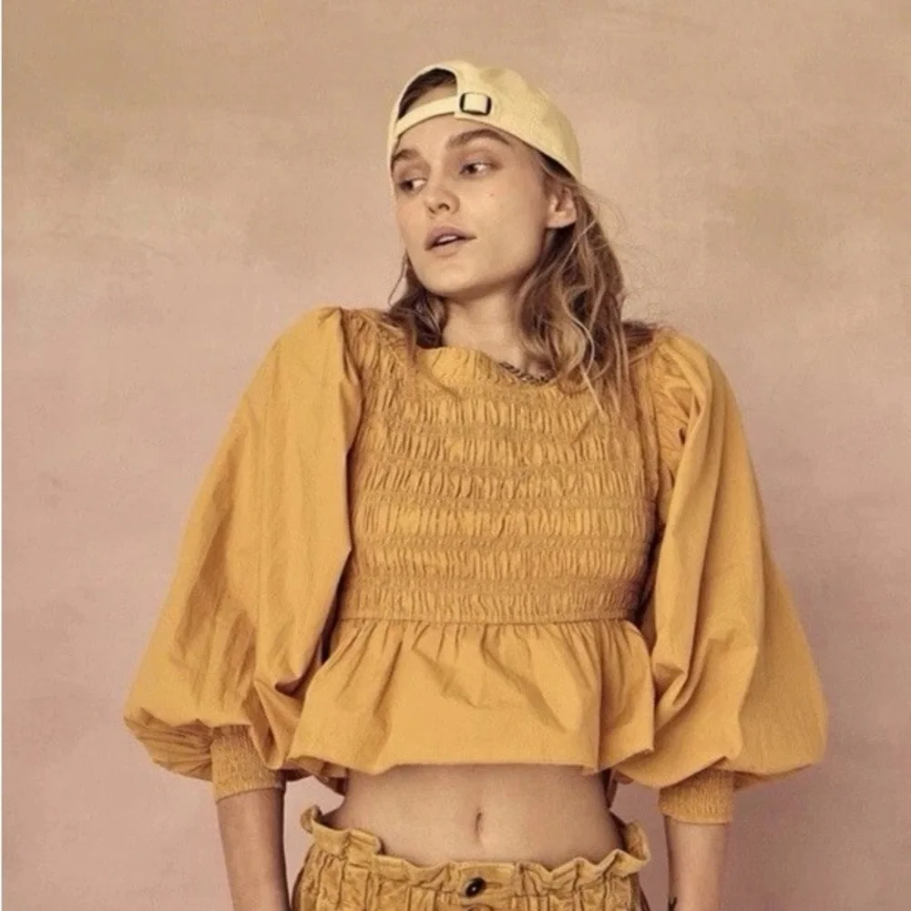 Free People Mustard Smocked Peplum Puff Sleeve Top